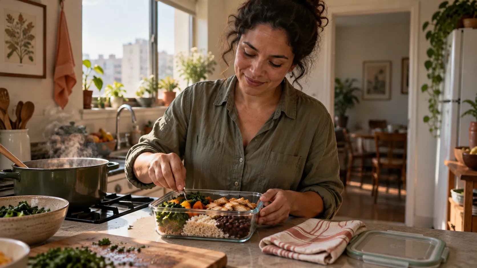 Mãos colocando arroz, feijão e legumes num pote de vidro para levar a uma amiga