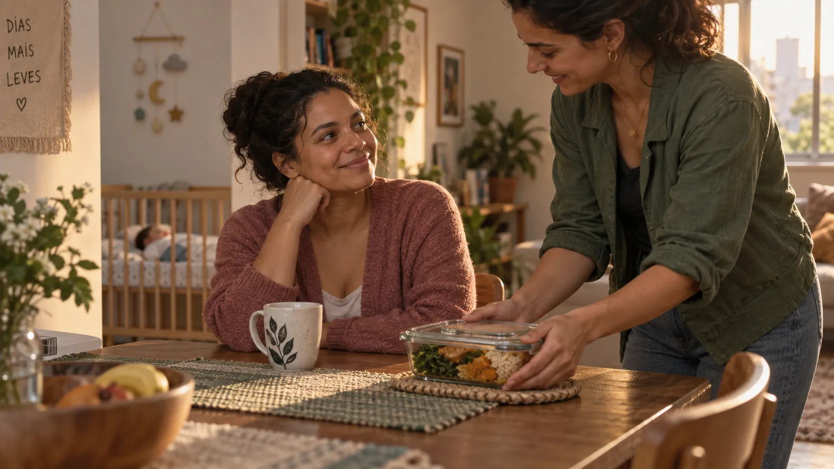 Uma amiga entrega um pote com almoço na porta de casa