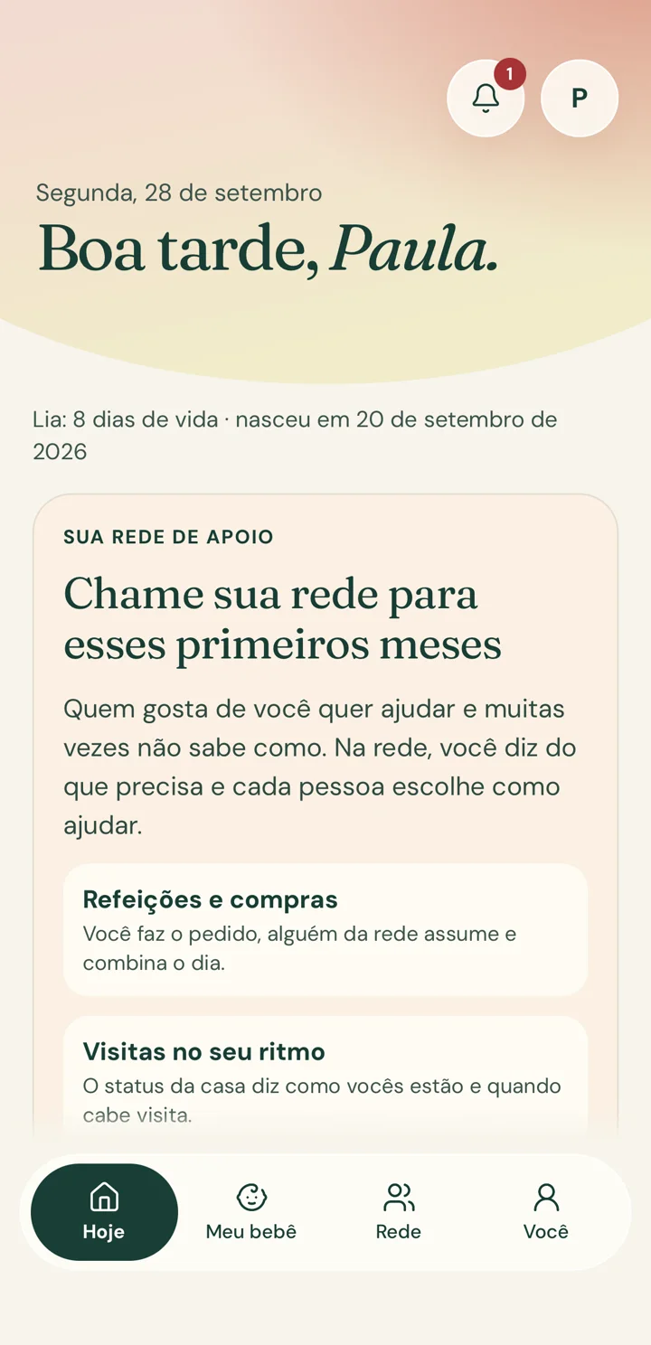 Tela Hoje do Afago: Boa tarde, Paula, com o convite para chamar a rede nos primeiros meses