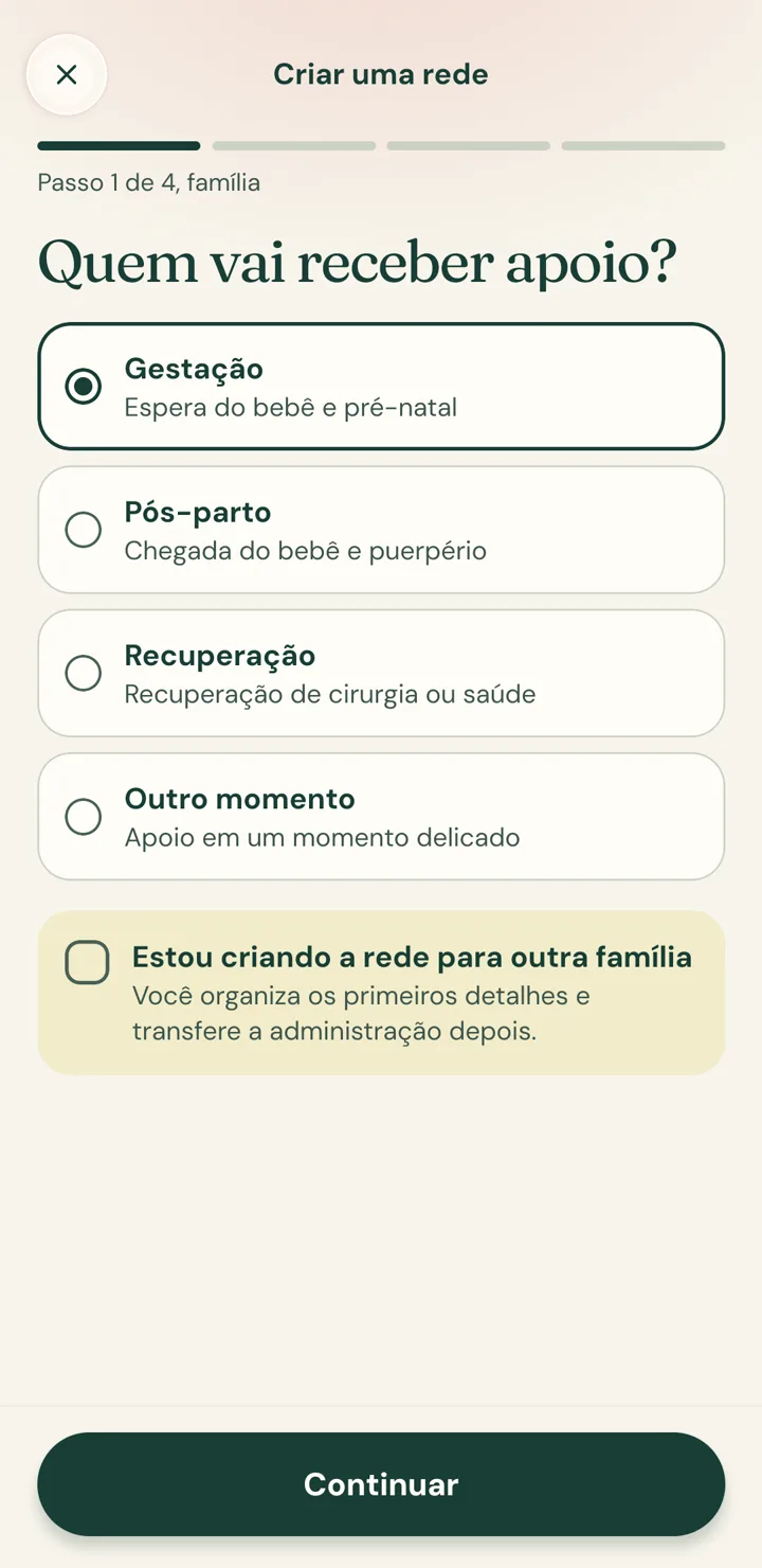 Tela Criar uma rede do Afago perguntando quem vai receber apoio: gestação, pós-parto, recuperação ou outro momento